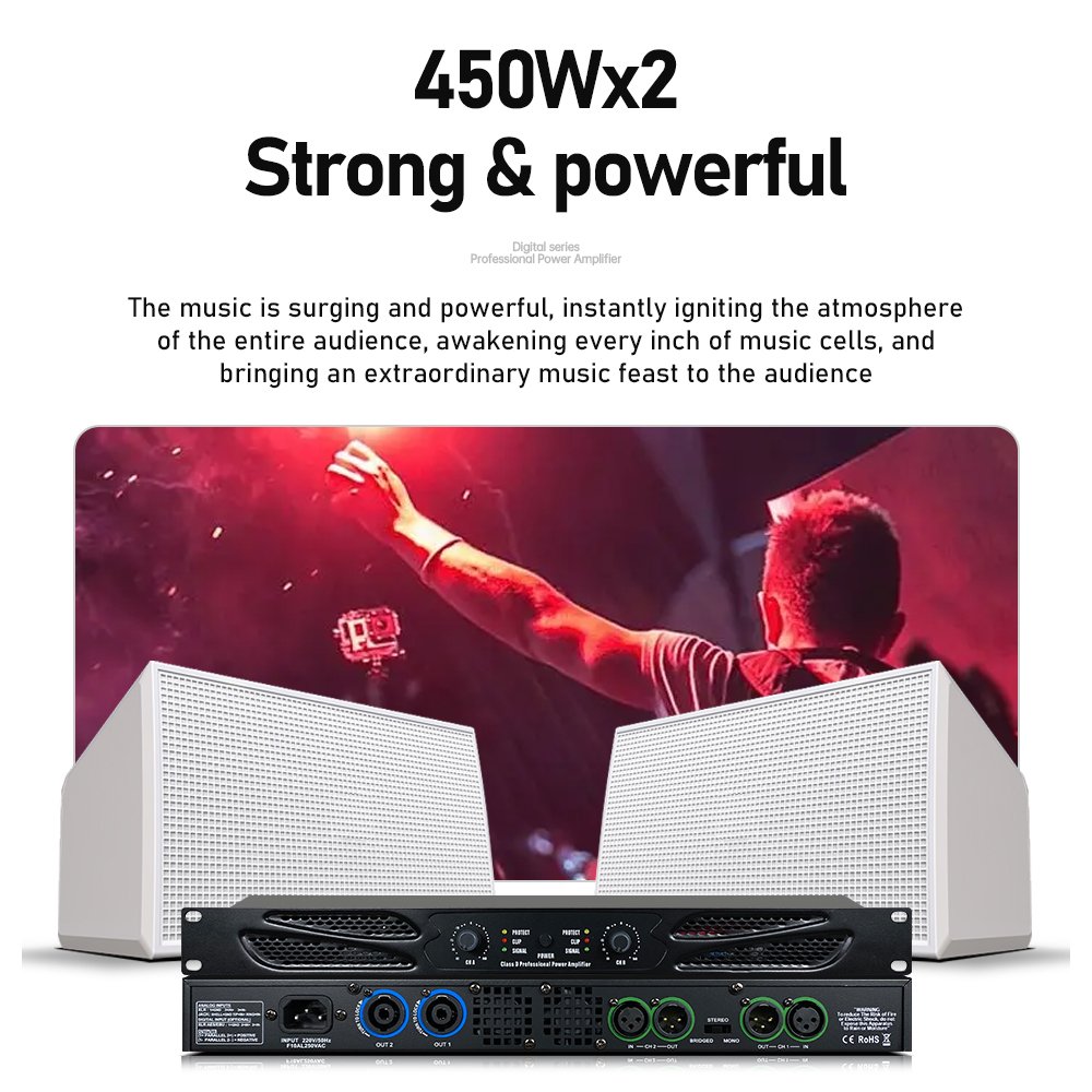 ERZHEN G-class Digital Power Amplifier Professional 2/4 Channel Power Amplifier/450W Power/1U Size