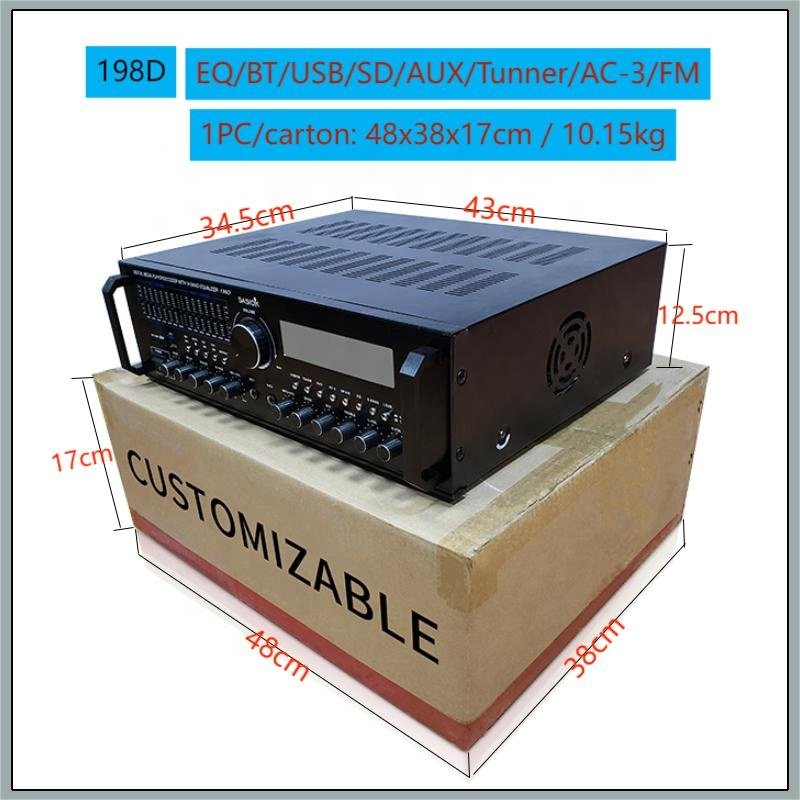 198D Mic. Echo/delay Sound 600W Powerful Karaoke Amplifier with Double 7-band Graphic Equalizer & BT/USB/SD/AUX FM Radio.
