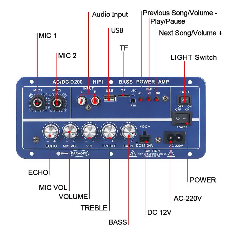 VIRE High Power 60W Dual Channel Bluetooth MP3 Amplifier Board with Dual Microphone Inputs for Karaoke Systems