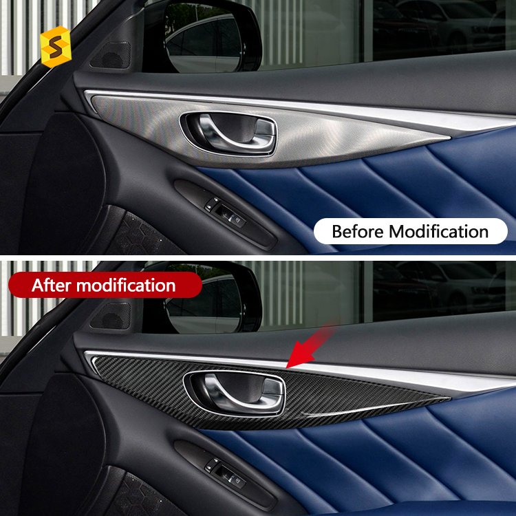 Shasha Carbon 2pcs Dry Carbon Fiber Interior Accessories Car Rear Door Decorative Panel Cover For Infiniti Q50 Q50L 2015-2022