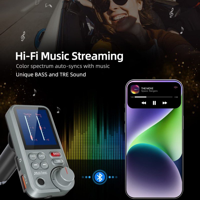 BT93 Car Player with Bass Treble Booster Support TF Card AUX USB c Fast Charger Car Radio FM Transmitter MP3 Player for Car