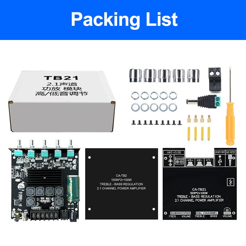 CA-TB21 2.1 Channel BT 5.0 Subwoofer Amplifier Board TPA3116D2 Chip 50WX2+100W Power Audio Stereo Amplifier Board Bass AMP AUX