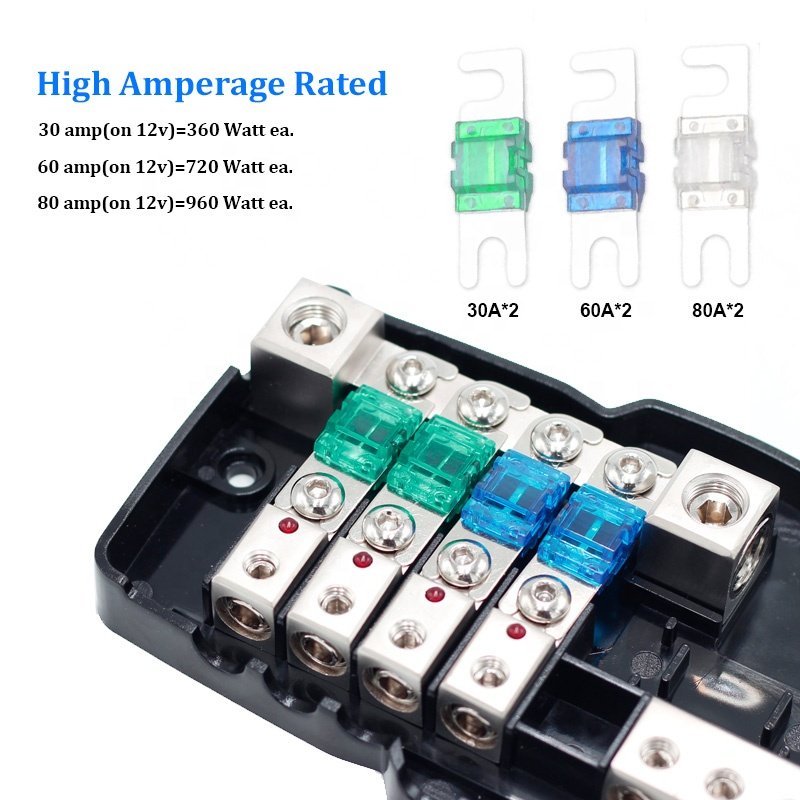 0/4GA 4 Way Multi-Functional LED Car Audio Stereo ANL Fuse Holder with Ground Mini ANS Fuse Box Distribution Block 30A 60A 80A F