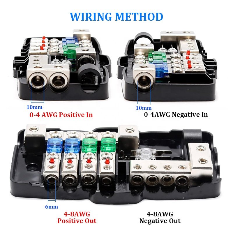 0/4GA 4 Way Multi-Functional LED Car Audio Stereo ANL Fuse Holder with Ground Mini ANS Fuse Box Distribution Block 30A 60A 80A F