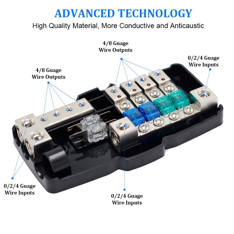 0/4GA 4 Way Multi-Functional LED Car Audio Stereo ANL Fuse Holder with Ground Mini ANS Fuse Box Distribution Block 30A 60A 80A F