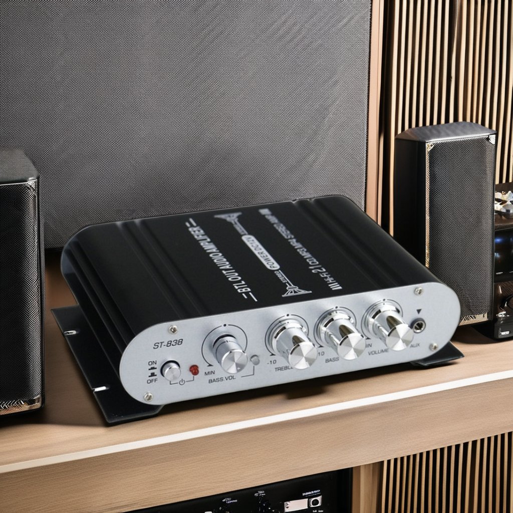 ST-838 Portable 2.1 Channel Car Amplifier with Subwoofer 2.0+ Subwoofer Metal Aluminum DC Battery Power Source