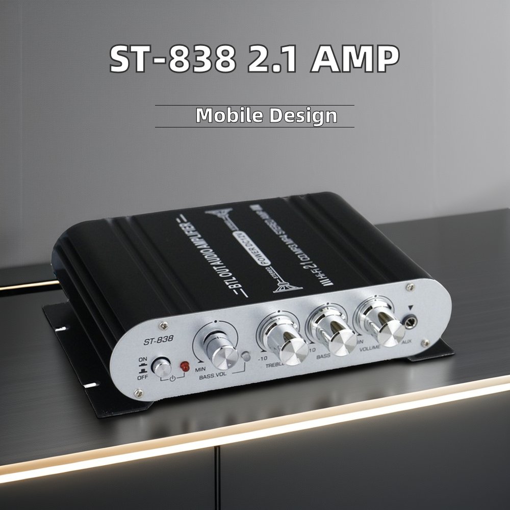 ST-838 Portable 2.1 Channel Car Amplifier with Subwoofer 2.0+ Subwoofer Metal Aluminum DC Battery Power Source