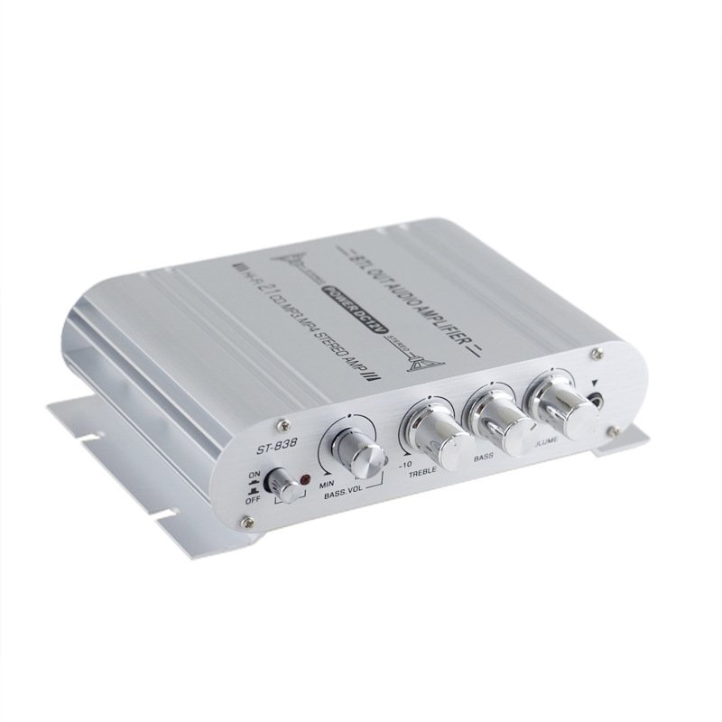 ST-838 Portable 2.1 Channel Car Amplifier with Subwoofer 2.0+ Subwoofer Metal Aluminum DC Battery Power Source
