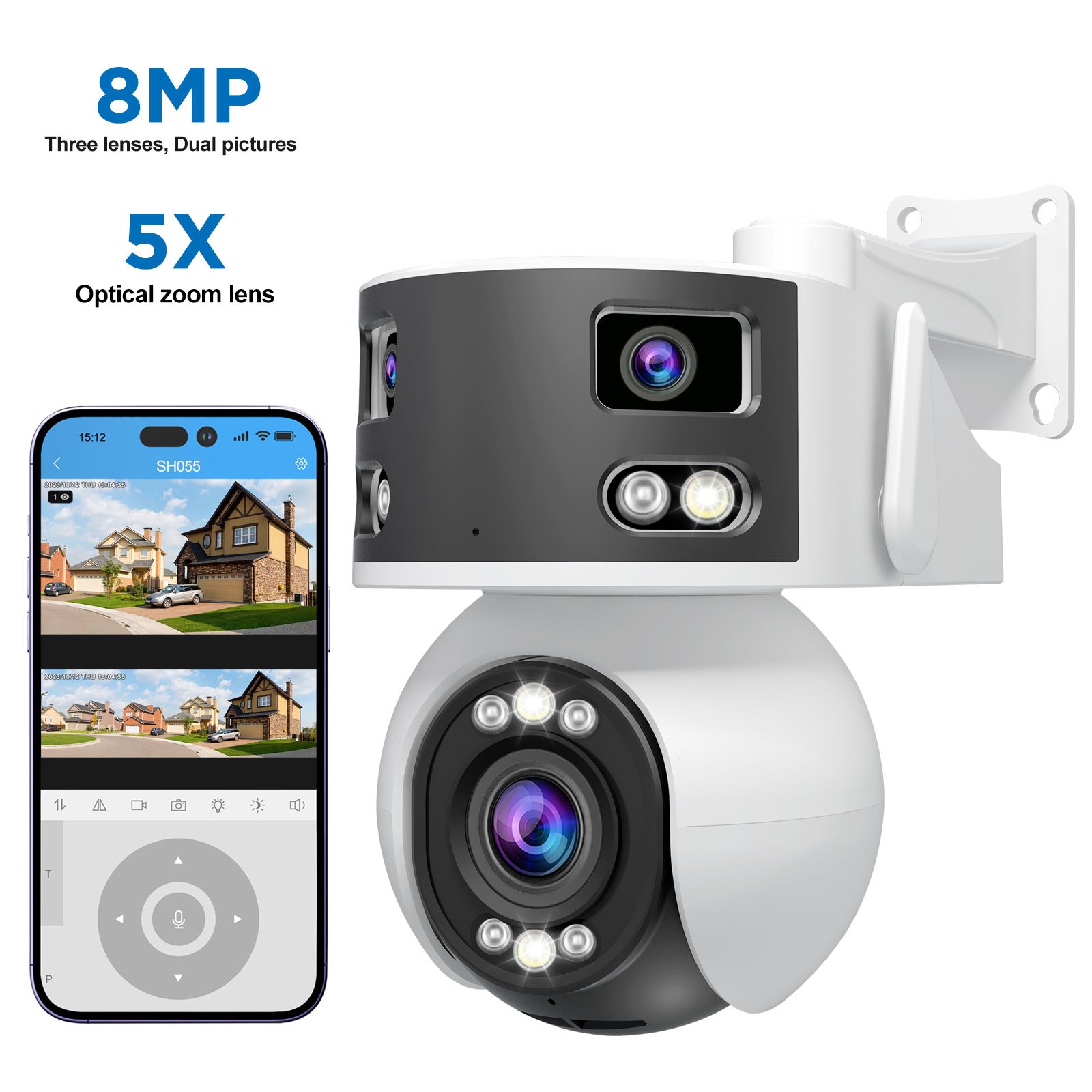 SriHome Wireless IP Camera with Three Lenses 5x Optical Zoom Support 256GB TF Card and Human Face, Car Model, Flame Recognition