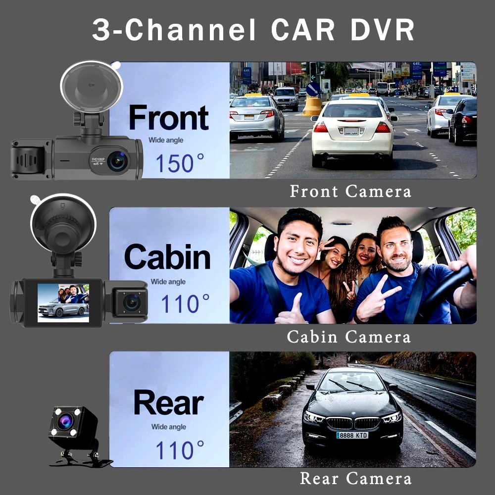 Screen 1080P HD Driving Recorder 3 Channel HD Infrared Night Vision Camera Car DVR Dash Cam With WiFi Car Black Box