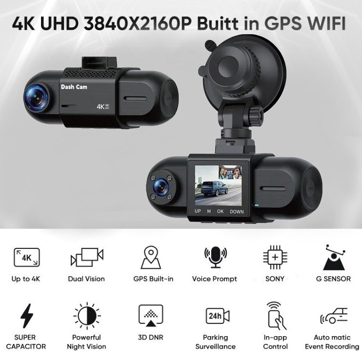 4K 2Channel Dash Cam WiFi Built-in GPS4K+1080P Front and Inside Loop RecordingTriple Car Camera