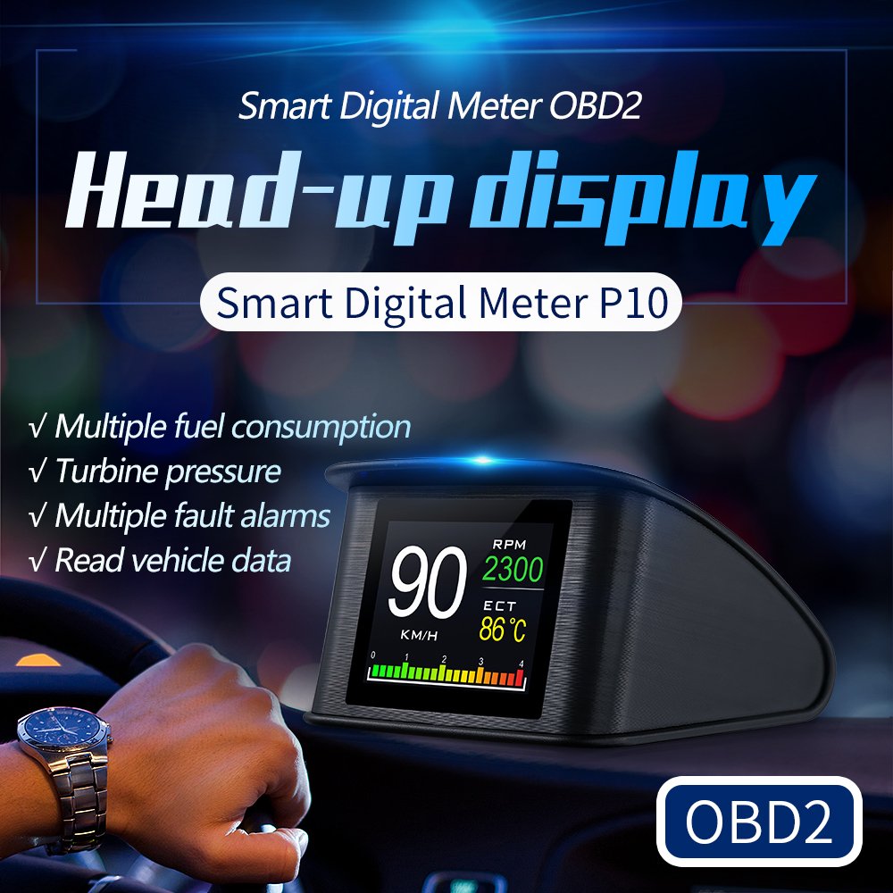 New Smart Digital Meter OBD2 P10 Car HUD Head up Display Overspeed RPM Voltage Diagnostic Tool