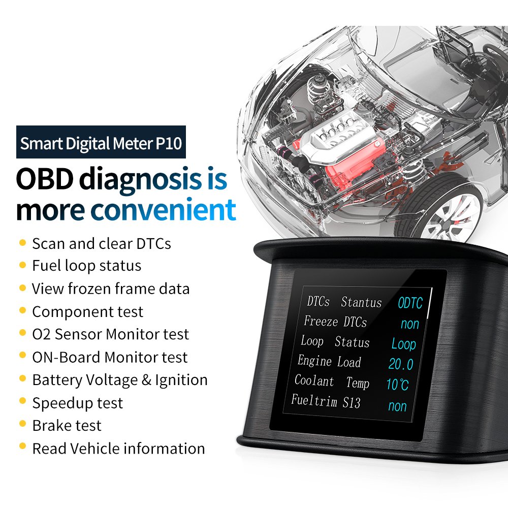 New Smart Digital Meter OBD2 P10 Car HUD Head up Display Overspeed RPM Voltage Diagnostic Tool