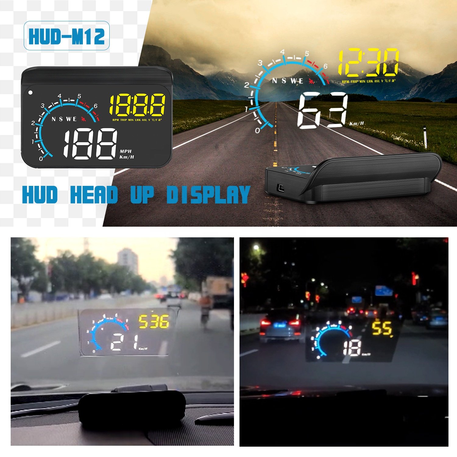 2025 M12 OBD2 Head Display Windshield GPS Speed Auto Electronics LED Water Temp Clock Display HUD Diagnostic Windshield Window