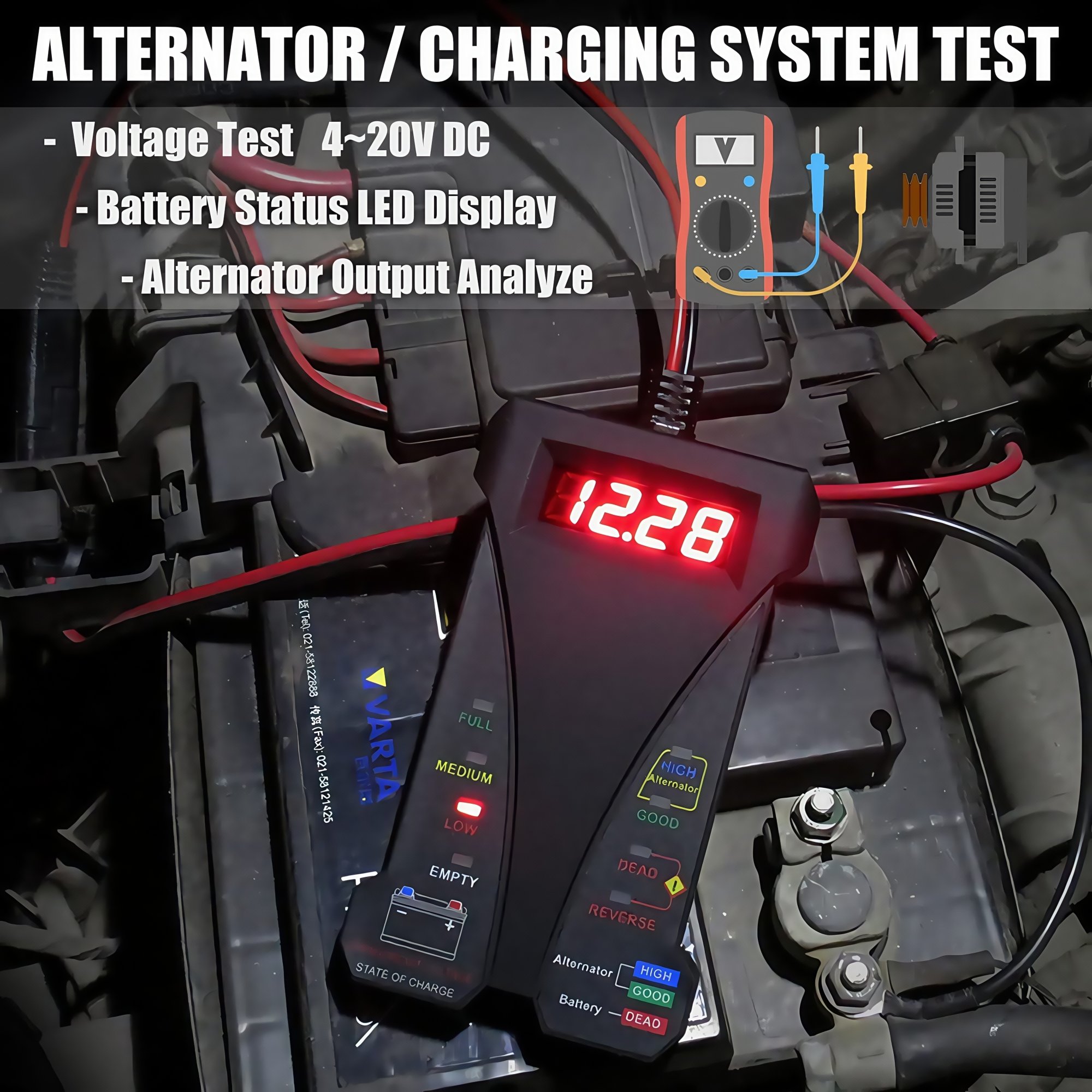 12V Digital Car Battery Tester, 4-20V Voltmeter Charging System Analyzer, Alternator Tester with LCD Display & LED Indication