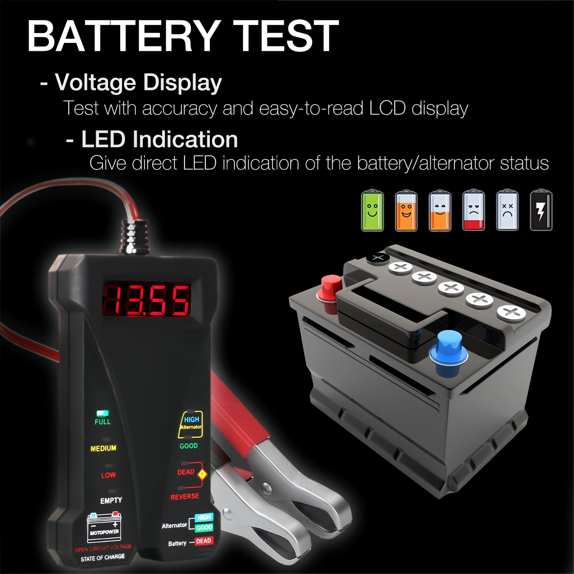 12V Digital Car Battery Tester, 4-20V Voltmeter Charging System Analyzer, Alternator Tester with LCD Display & LED Indication