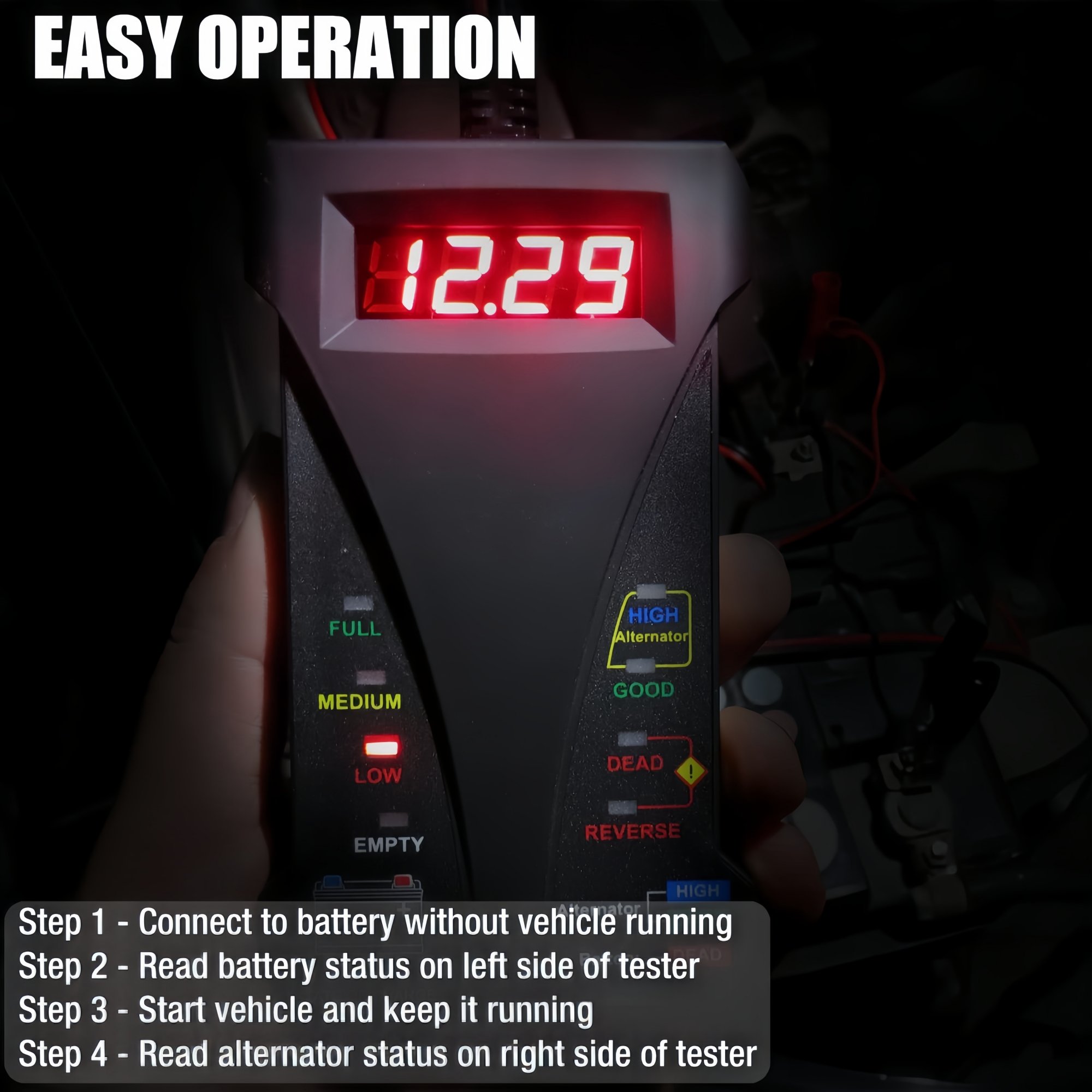 12V Digital Car Battery Tester, 4-20V Voltmeter Charging System Analyzer, Alternator Tester with LCD Display & LED Indication