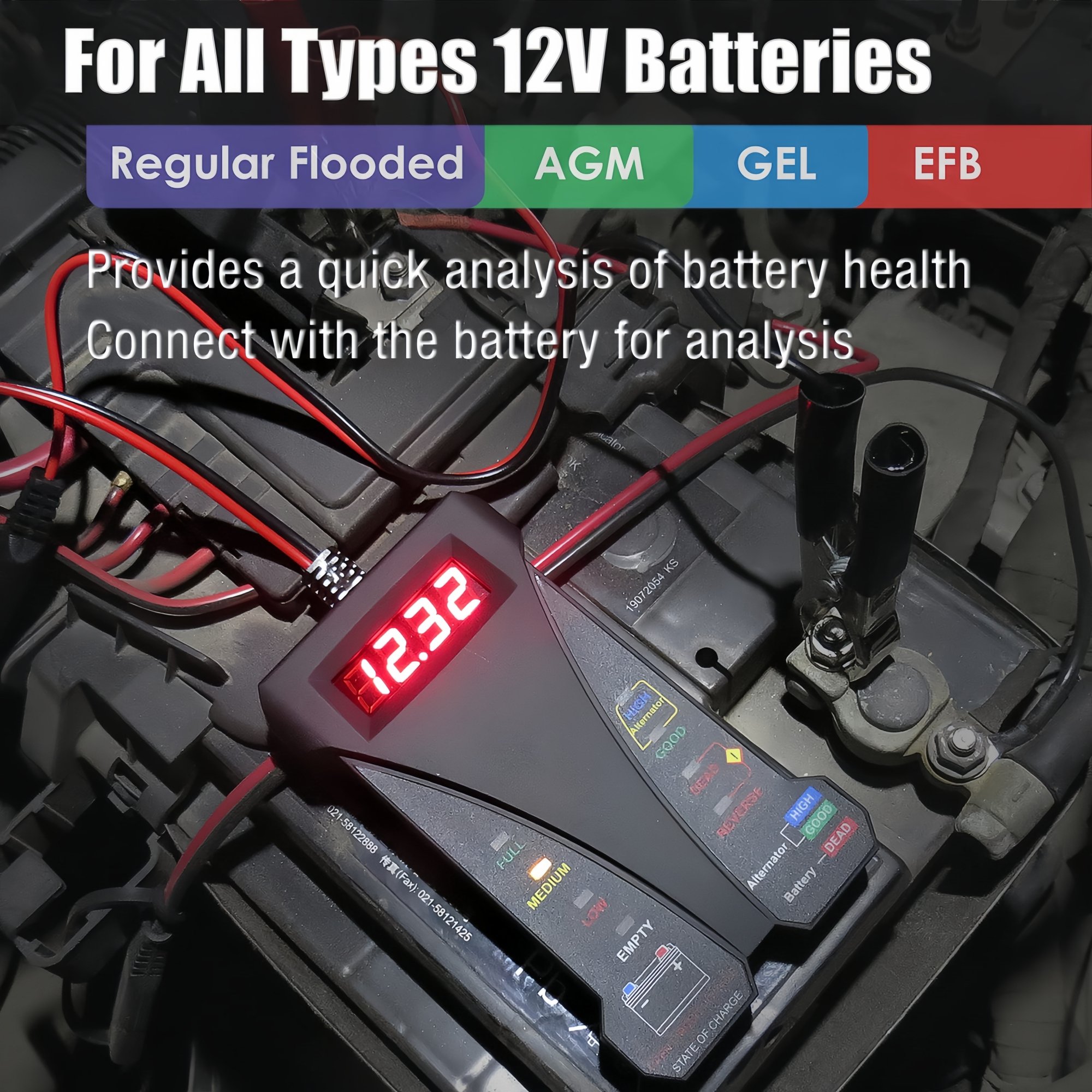 12V Digital Car Battery Tester, 4-20V Voltmeter Charging System Analyzer, Alternator Tester with LCD Display & LED Indication