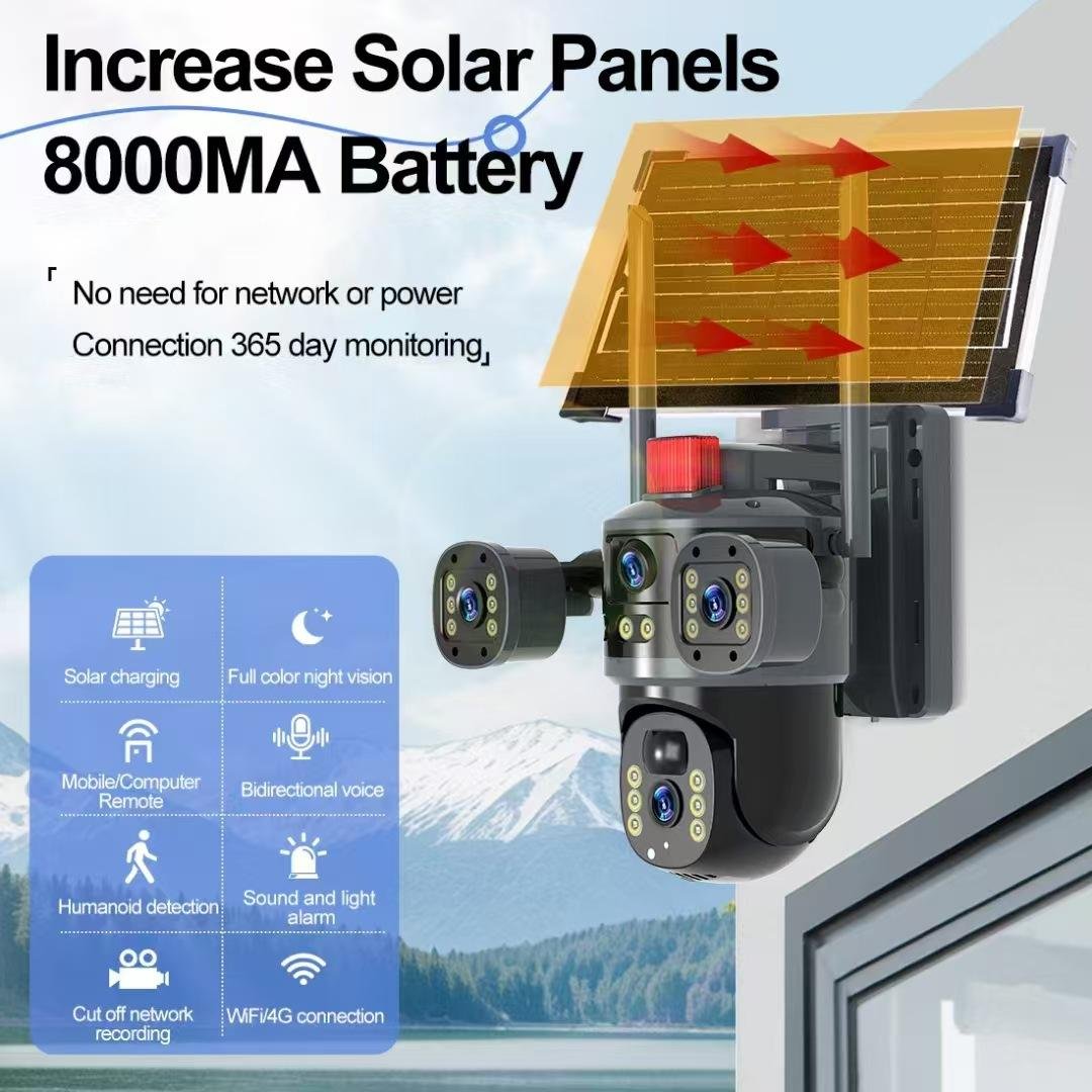 Regis 8MP IP Camera 4K Full Color Wifi 4G Sim Card Dual Lens 3 Screen Human Detection Outdoor Security V380 Solar Camera