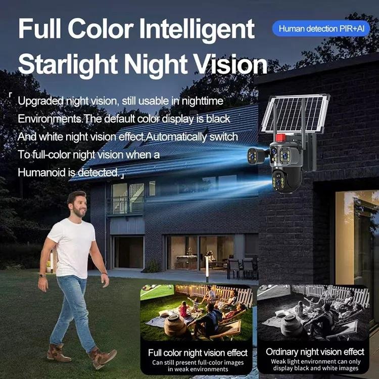 Regis 8MP IP Camera 4K Full Color Wifi 4G Sim Card Dual Lens 3 Screen Human Detection Outdoor Security V380 Solar Camera
