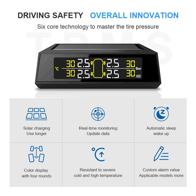 Solar Power Tpms with Internal Sensors for Car Charging LCD Display Car Alarms Wireless TPMS