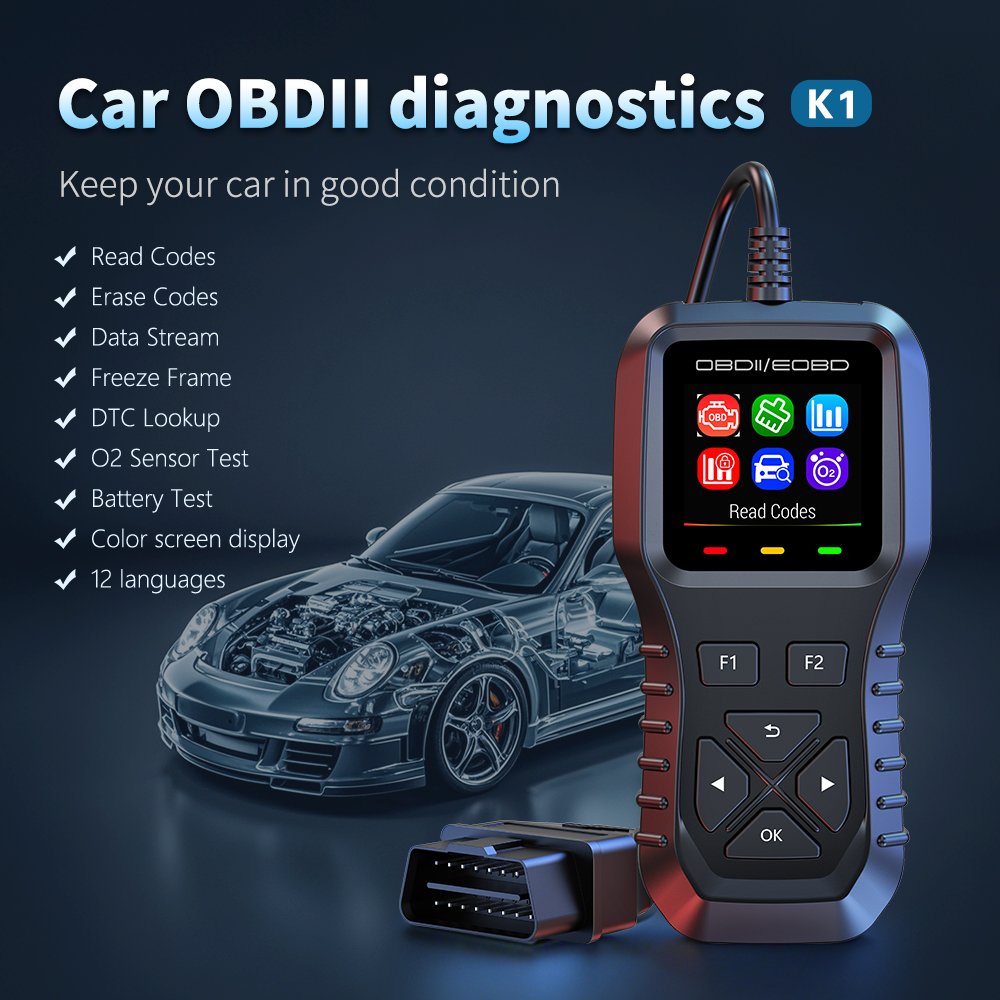 2025 WiiYii New K1 Auto Electronics Car OBD2 Scanner Vehicle OBDII/EOBD Diagnostic Tools with Battery Tester and Clock Function