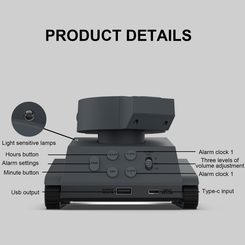 New Design Electric Tank Toy Light up Plastic Battery Duanl Alarm Clock Tank Multifunctional Mobile Wireless Charger