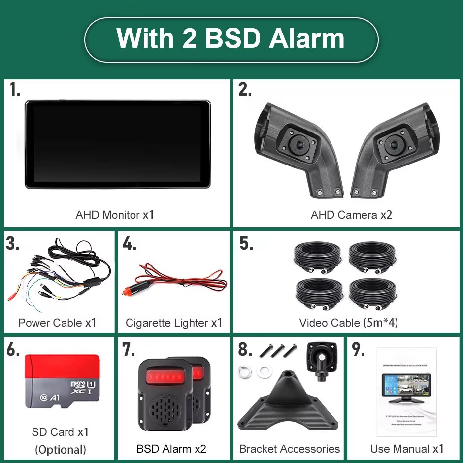 GreenYi 10.36 Inch 4 Ch Blind Spot BSD Alarm Truck Bus Onboard DVR Recorder Monitor Left Right Long Arm Side Dual Lens Camera