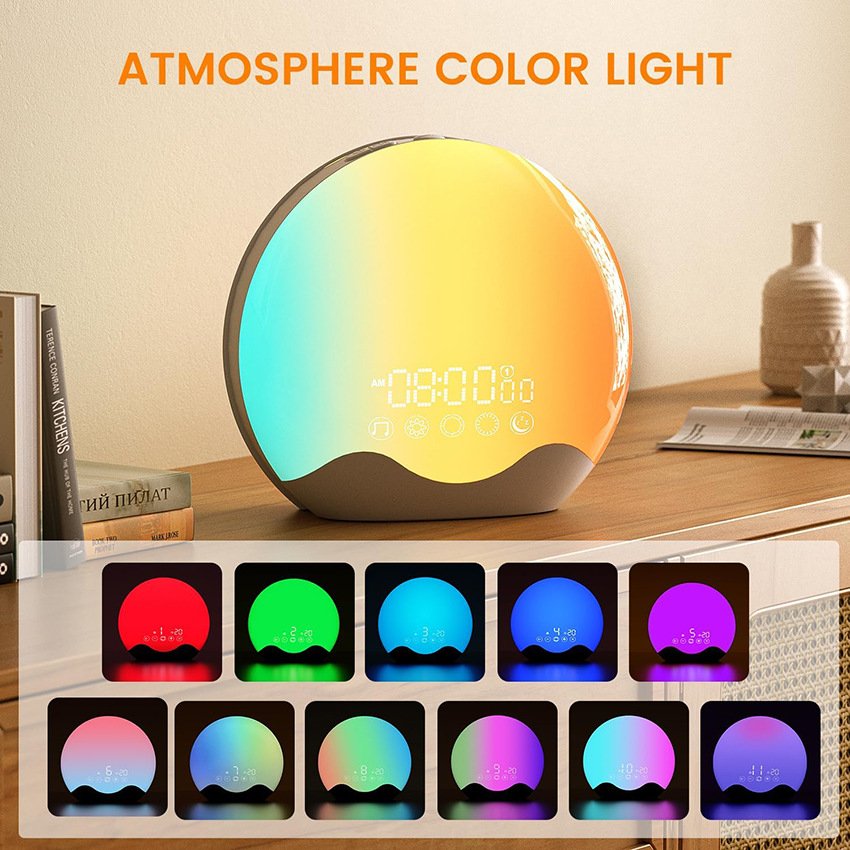 Hot Sales Smart Wake-up Alarm Clock with Colorful Ambient Light and White Noise Creative Bedside Lamp Simulating Sunrise