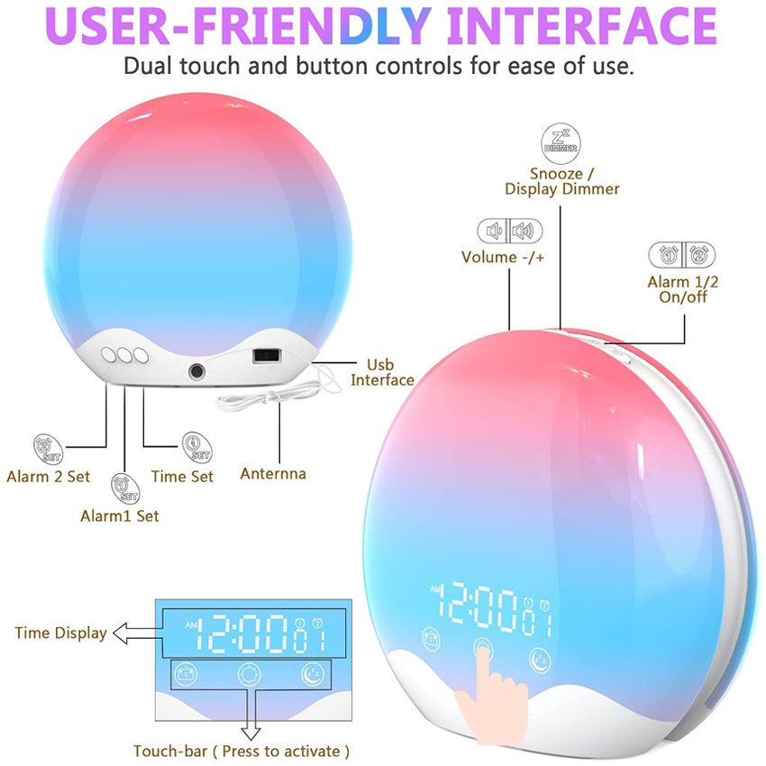 Hot Sales Smart Wake-up Alarm Clock with Colorful Ambient Light and White Noise Creative Bedside Lamp Simulating Sunrise