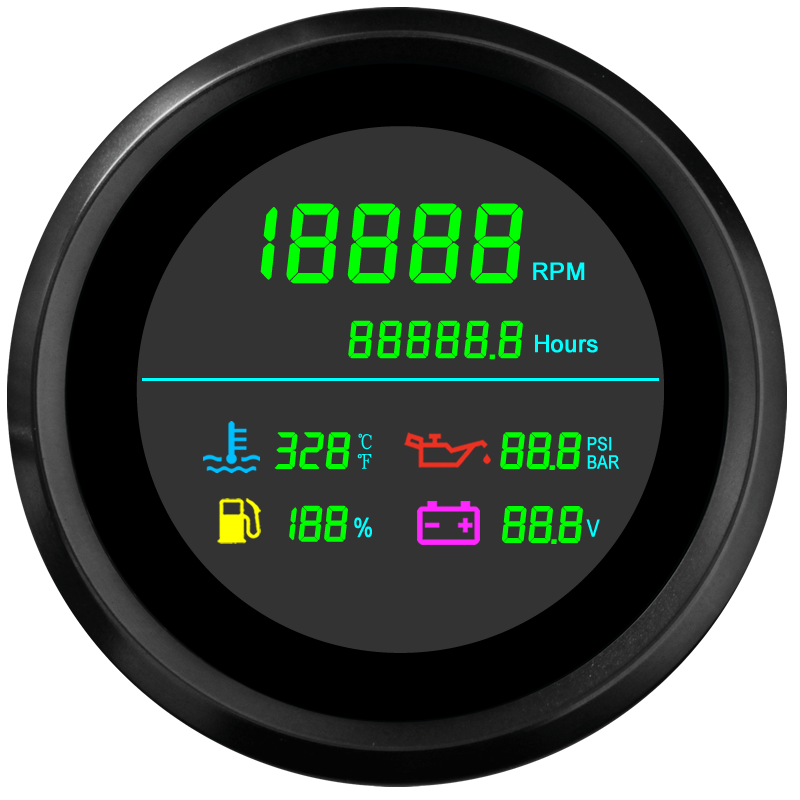 85mm LCD Multi Function Fuel Gauge with Tachometer Hour Meter Water Temperature Oil Pressure for Boat Motorcycle Bus/truck
