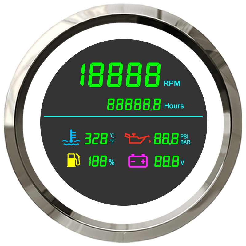 85mm LCD Multi Function Fuel Gauge with Tachometer Hour Meter Water Temperature Oil Pressure for Boat Motorcycle Bus/truck