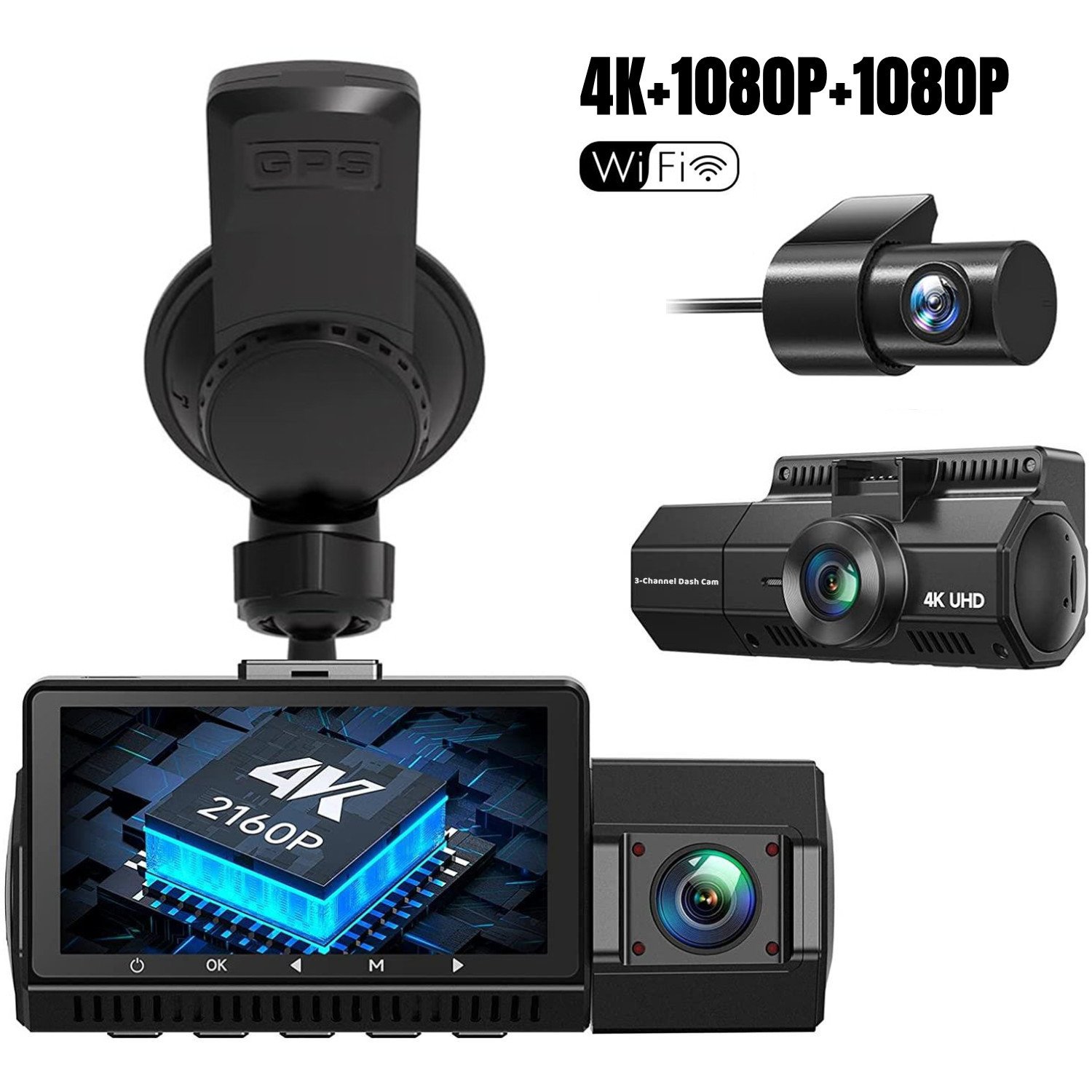 4k+1080P Dual Camera Dash Cam with IR Night Vision Loop Recording, and Wide Angle Lens - 3 Inch IPS Screen Car Dvr Blackbox