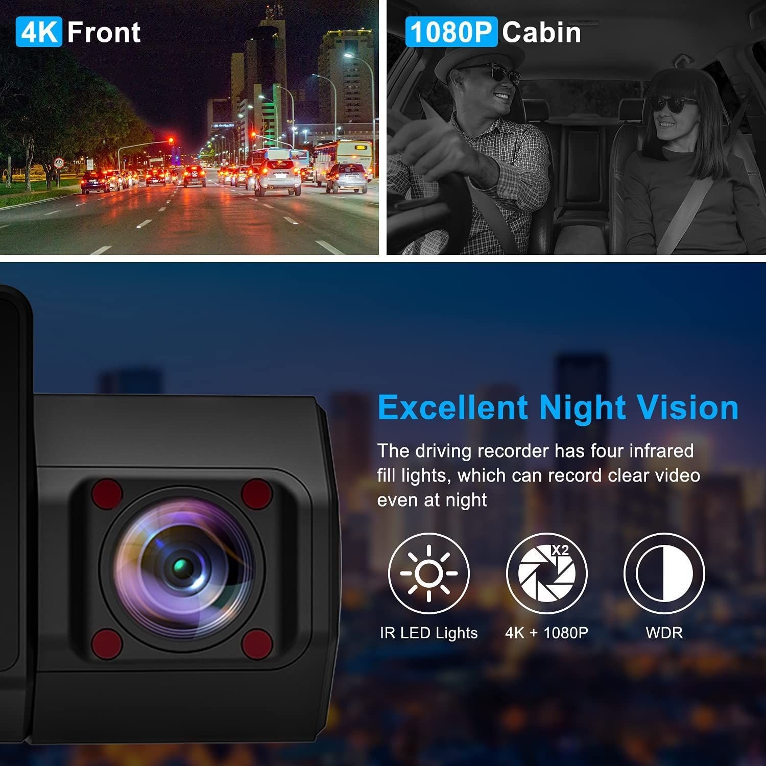 4k+1080P Dual Camera Dash Cam with IR Night Vision Loop Recording, and Wide Angle Lens - 3 Inch IPS Screen Car Dvr Blackbox