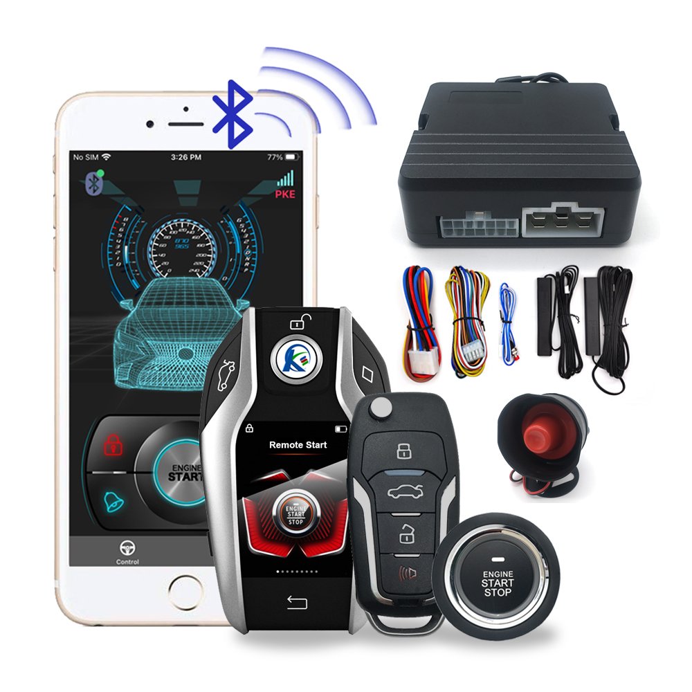 CARQSENG PKE Car Alarms System with Smart Touch LCD Car Key and BT Phone App Control