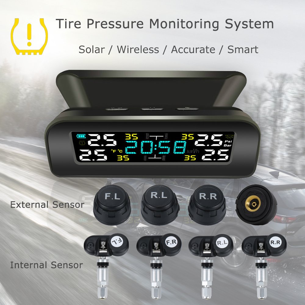 Windshield Solar External Internal Sensor TPMS Digital Pressure Tire Gauge Auto Alarms Wireless Tire Pressure Monitoring System