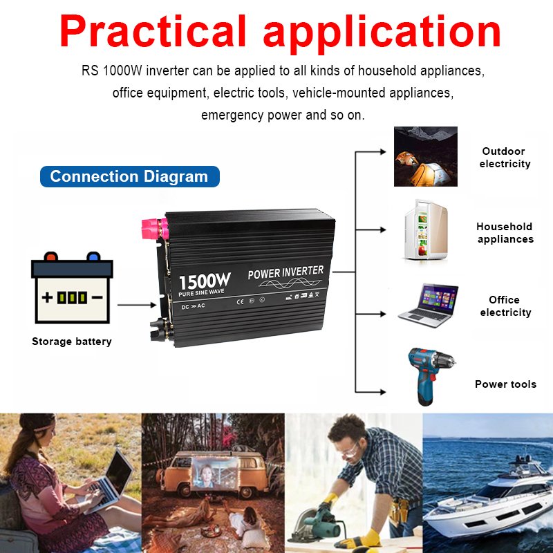 Pure Sine Wave Inverter 1500W DC12V 24V to AC220V Inverter Power Converter for Car Voltage Transform
