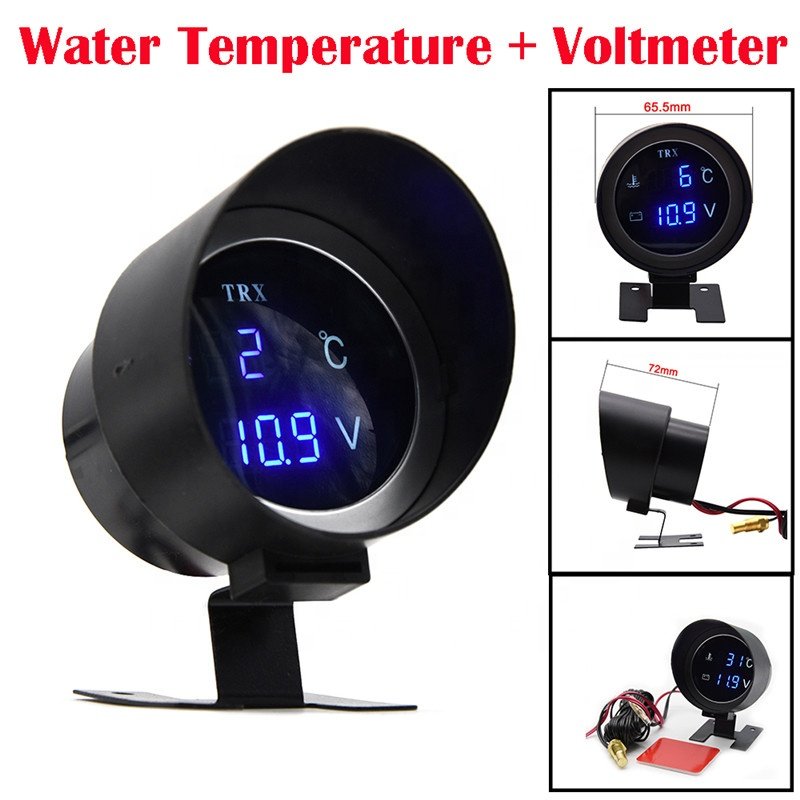 2 in 1 Round 12V 24V Led Digital Voltage Meter Tester Display Voltmeter Car Truck Water Temp Gauge Temperature Sensor