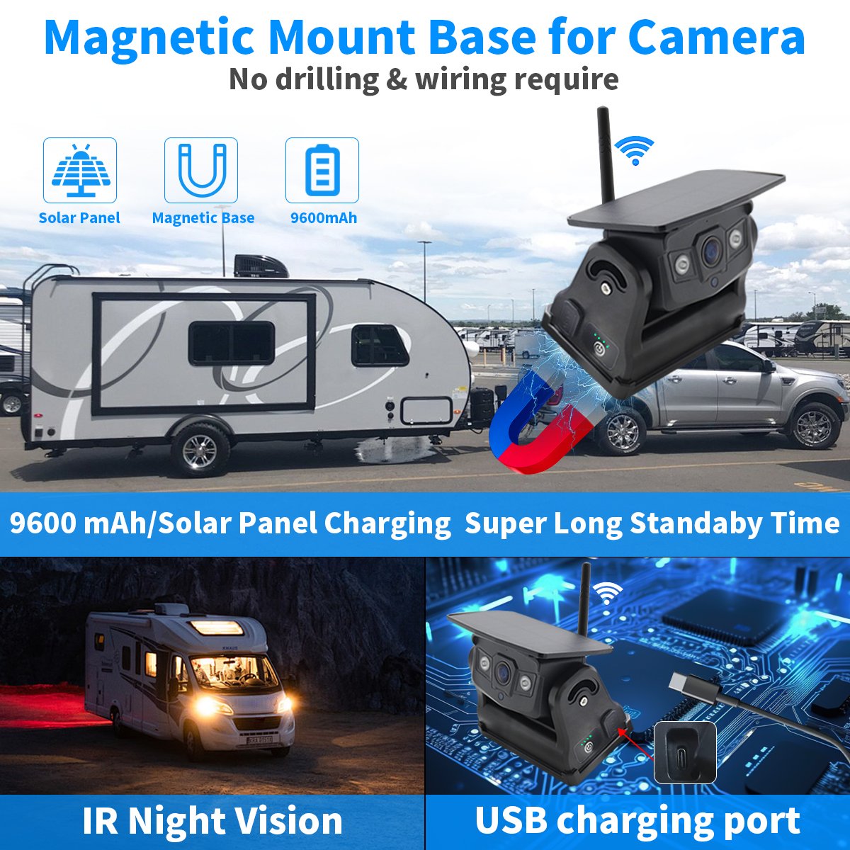 YWX 7" QUAD DVR Monitor 4x Wireless Rechargeable Battery 9600mah Solar Magnetic Reversing Cameras Wireless Car Camera System