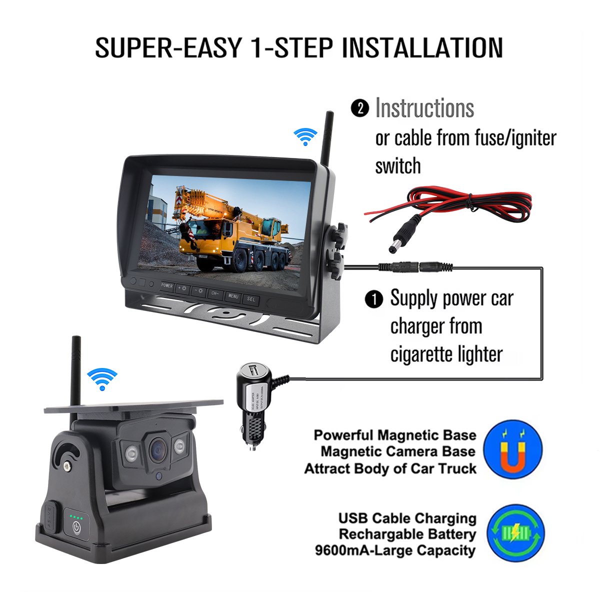 YWX 7" QUAD DVR Monitor 4x Wireless Rechargeable Battery 9600mah Solar Magnetic Reversing Cameras Wireless Car Camera System