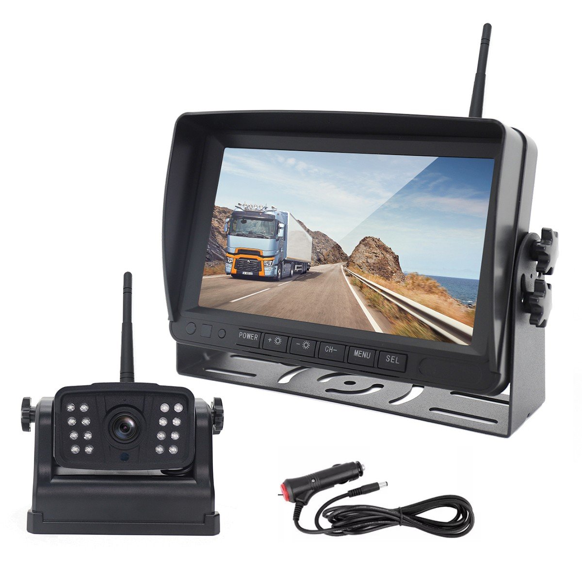 YWX 7" QUAD DVR Monitor 4x Wireless Rechargeable Battery 9600mah Solar Magnetic Reversing Cameras Wireless Car Camera System