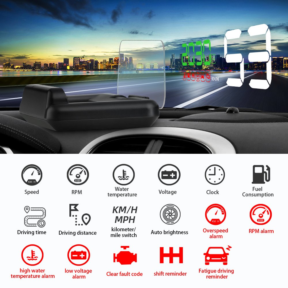 C500 OBD2 Smart Gauge Auto Diagnostic Tool 5 Inch LED Display Speedometer with HUD Clock Speeding Alarm Head-Up Car Display