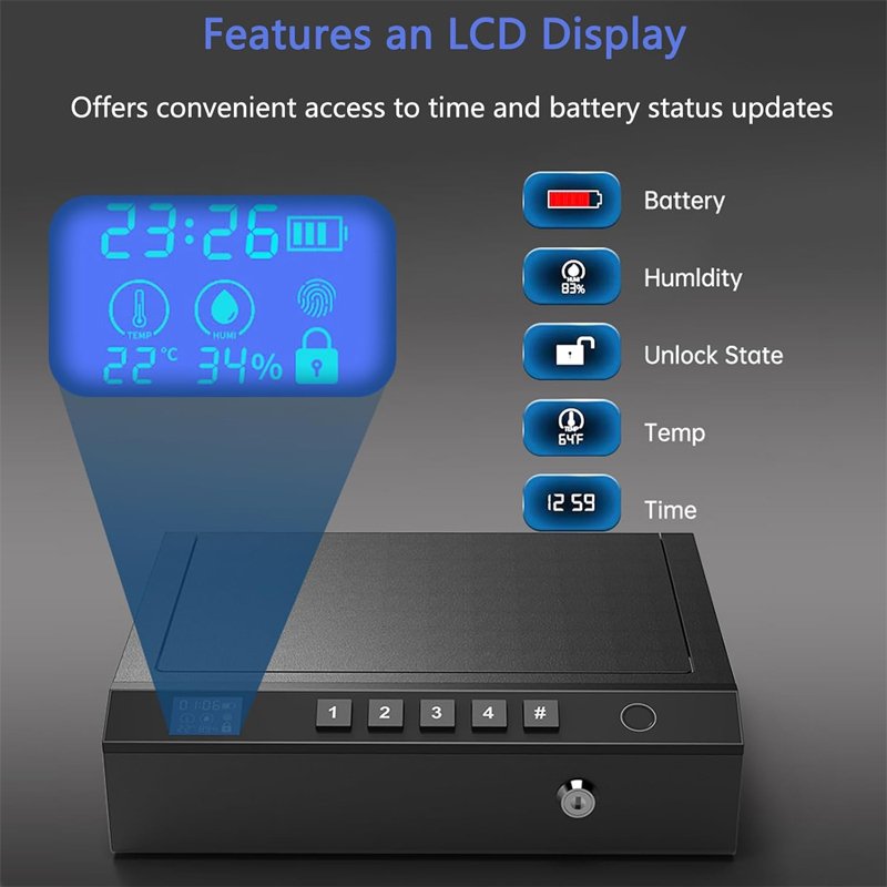 Portable Gun Safe with LCD Display of Temp,Humidity,Handgun Safe with Biometric Fingerprint,Keypad Lock,Key,Biometric Handgun