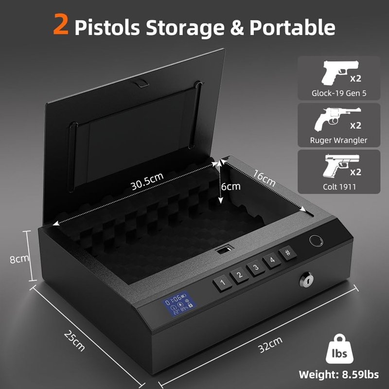 Portable Gun Safe with LCD Display of Temp,Humidity,Handgun Safe with Biometric Fingerprint,Keypad Lock,Key,Biometric Handgun