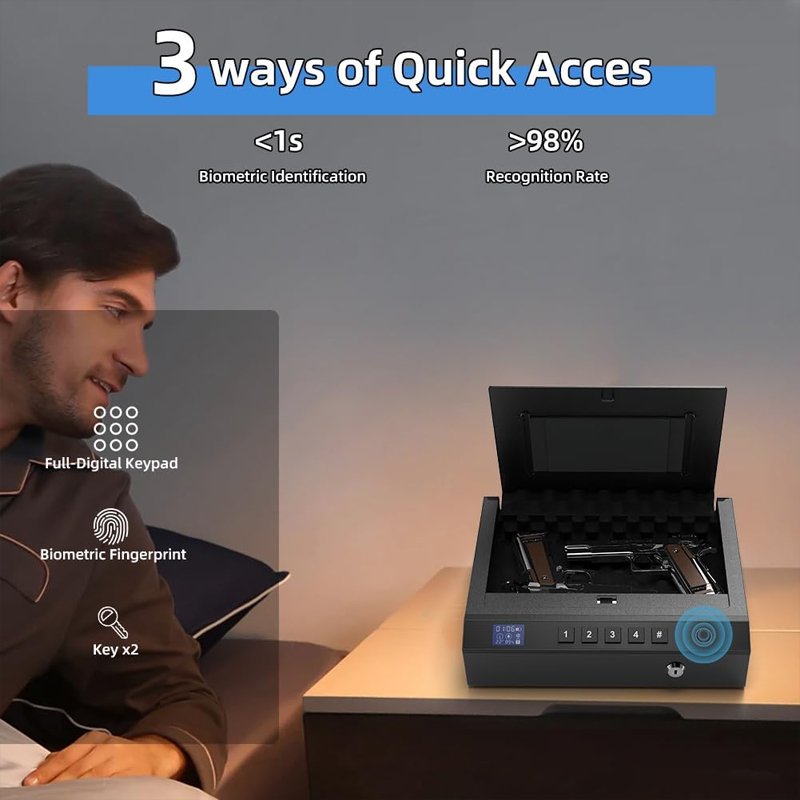 Portable Gun Safe with LCD Display of Temp,Humidity,Handgun Safe with Biometric Fingerprint,Keypad Lock,Key,Biometric Handgun