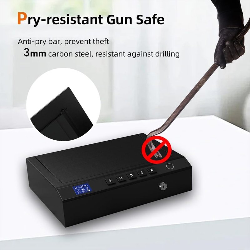 Portable Gun Safe with LCD Display of Temp,Humidity,Handgun Safe with Biometric Fingerprint,Keypad Lock,Key,Biometric Handgun