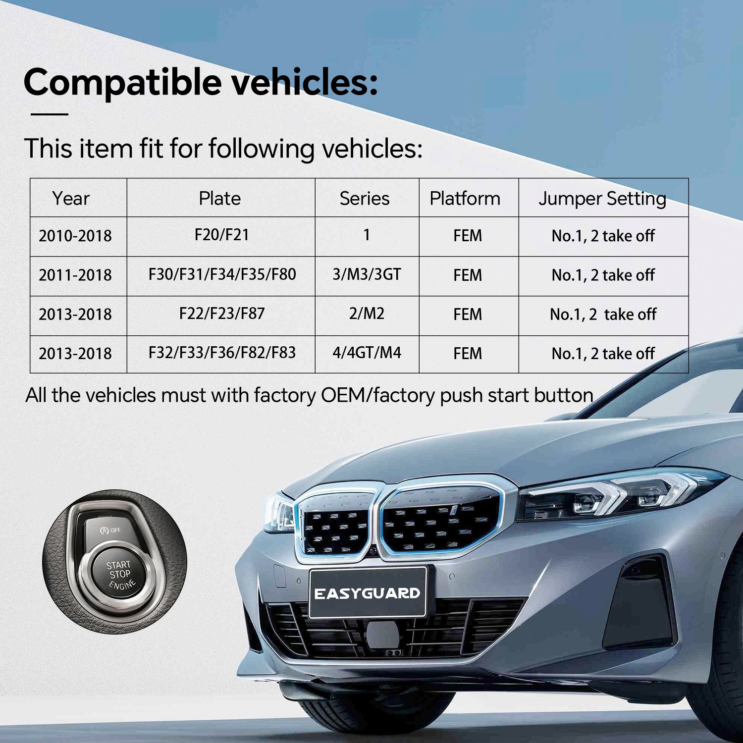 ECS002PP-BM-FM2 Plug Play Remote Starter Fit for BMW 13-18 F22 F23 F87 2 M2 F32 F33 F36 F82 F83 4 4GT M4 with Push Start Button