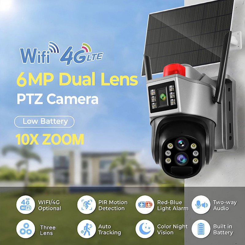 RscamTom 9MP Three Screen 10x Zoom 4G Wifi Dual Panel Outside Camera AI Humanoid Detection Color Night Vision Solar Cctv Camera