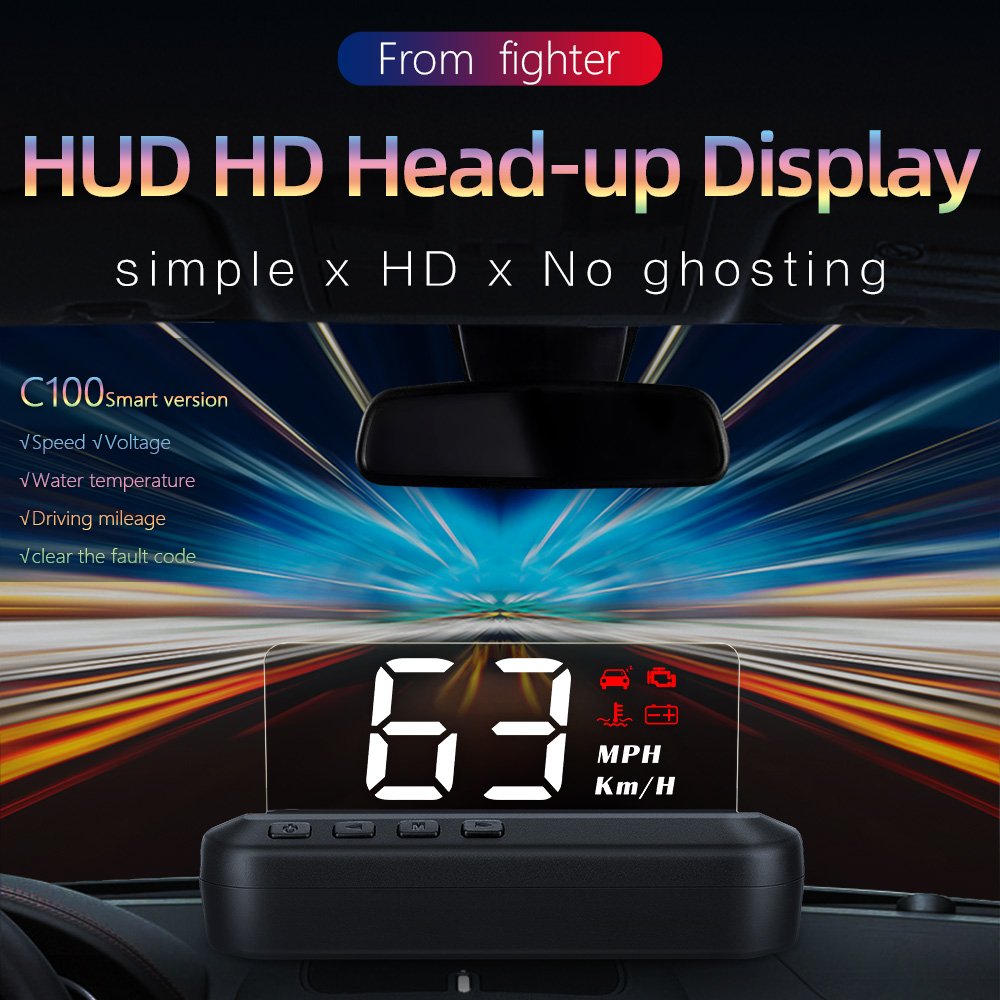 New Auto Electronic Obd2 Gauge Car Hud 3inch C100 Car HUD Wireless HUD Tpms Display OBD2 Speedometer Alarm
