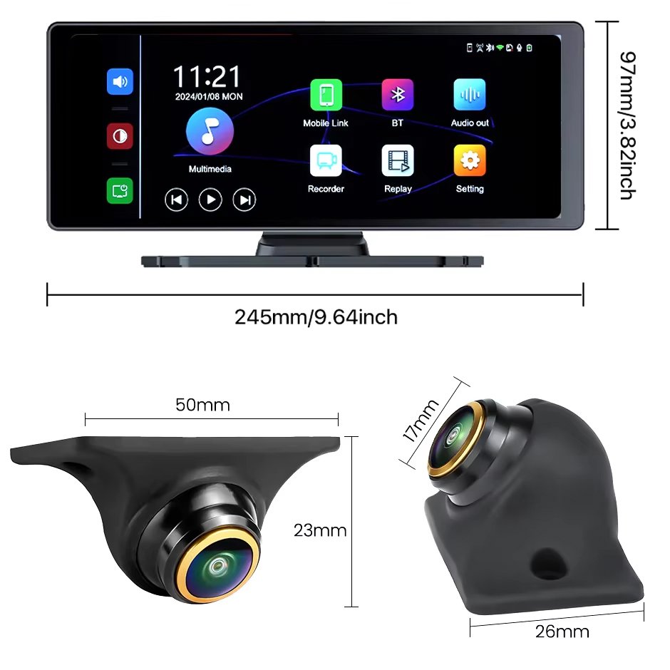 GreenYi 9inch 4CH Wireless BSD Blind Spot Alarm Apple Carplay & Android Auto 4x 1080P AHD Mini Cameras Car DVR Monitor